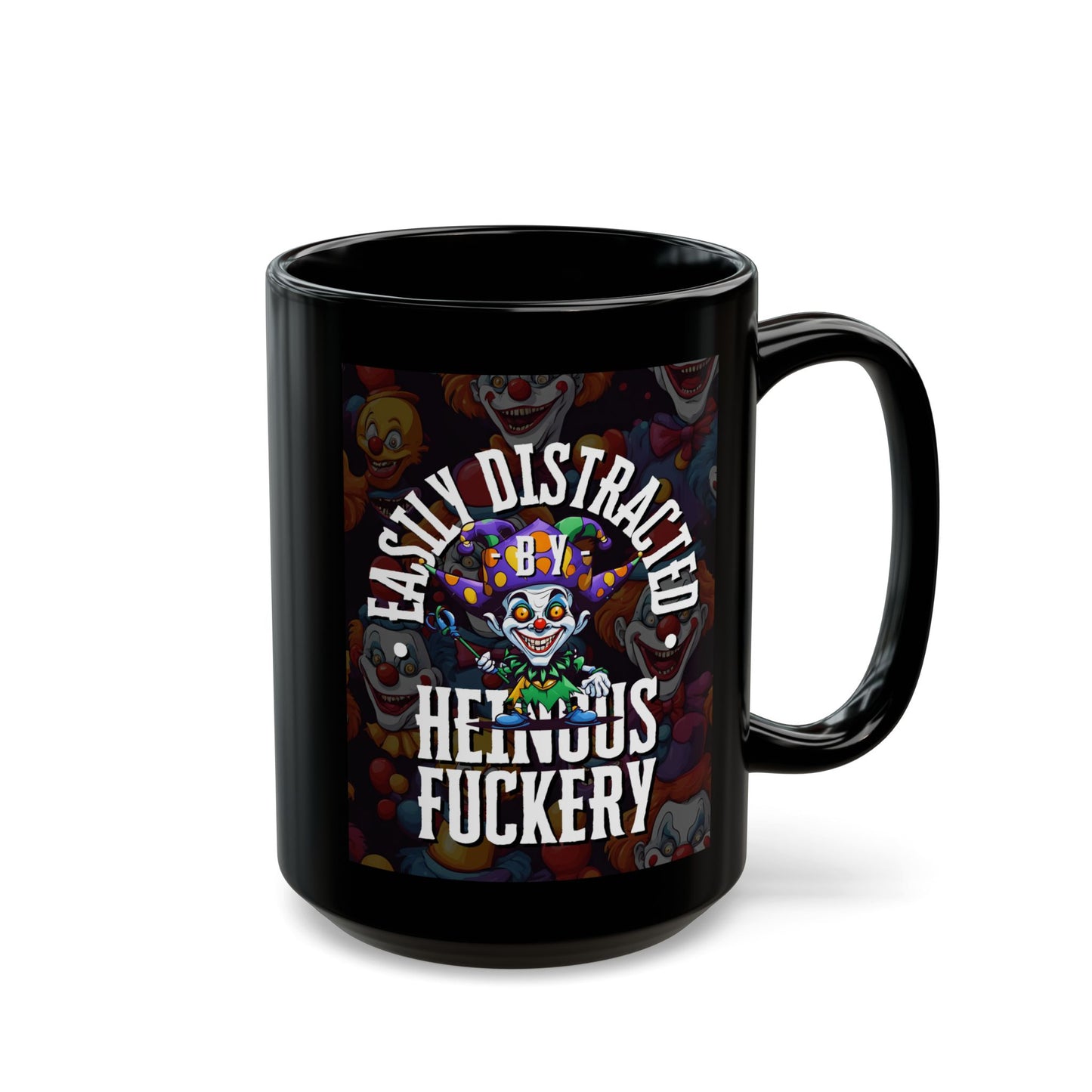 Easily Distracted by Heinous Fuckery Little Jincs Black Mug by theGreenDragonTavern.shop