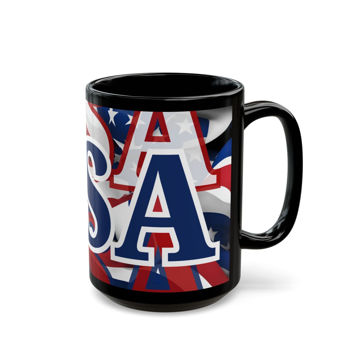 USA! USA! USA Blue font Patriot Black Mug by theGreenDragonTavern.shop