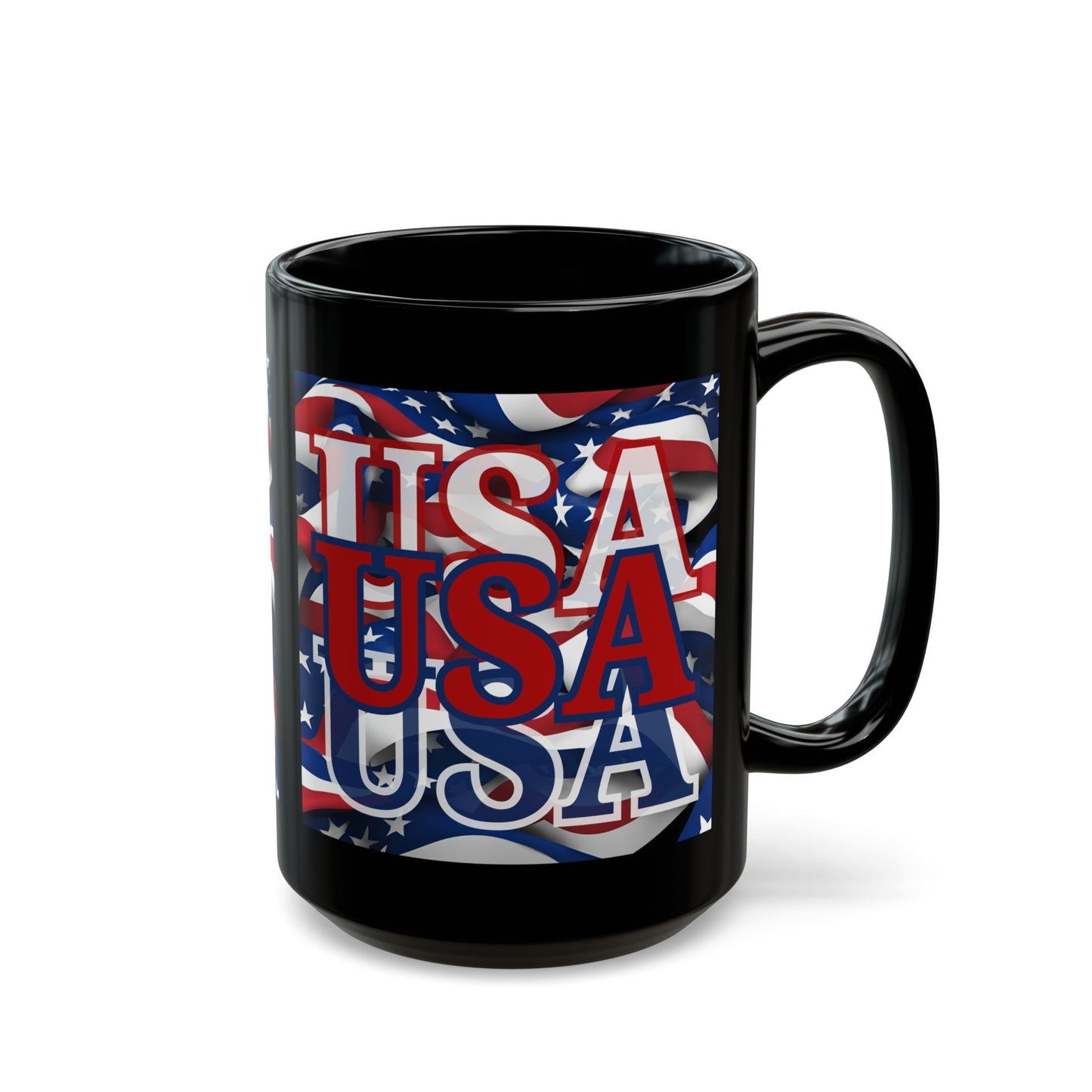 USA Red font Center Patriot Black Mug by theGreenDragonTavern.shop