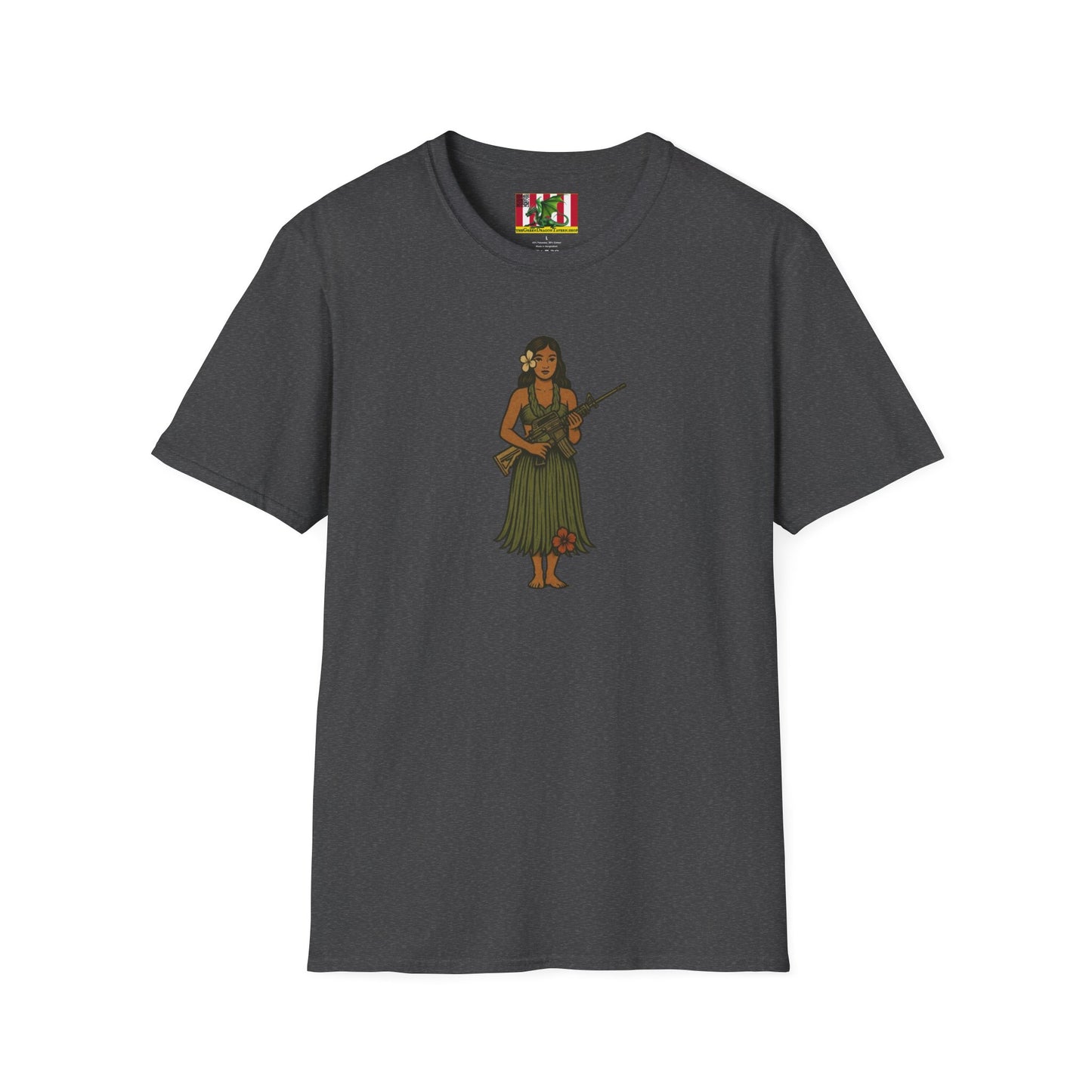 2-sided, Hula Girl Packin' Heat Dark colors Unisex T-Shirt by theGreenDragonTavern.shop
