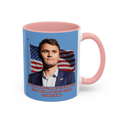 Charlie Kirk, Healthy Debate Light Blue Accent Mug by theGreenDragonTavern.shop