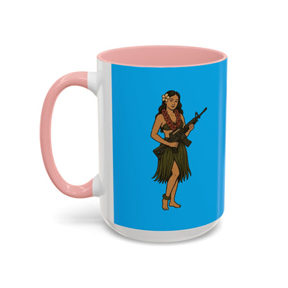 Hula Girl Packin' Heat Light Blue Accent Mug by theGreenDragonTavern.shop