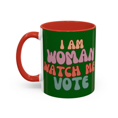 I Am Woman Watch Me Vote Dark Green Accent Mug by theGreenDragonTavern.shop