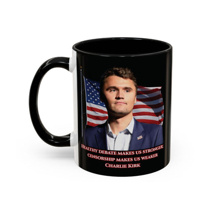 Charlie Kirk, Healthy Debate Black Accent Mug by theGreenDragonTavern.shop