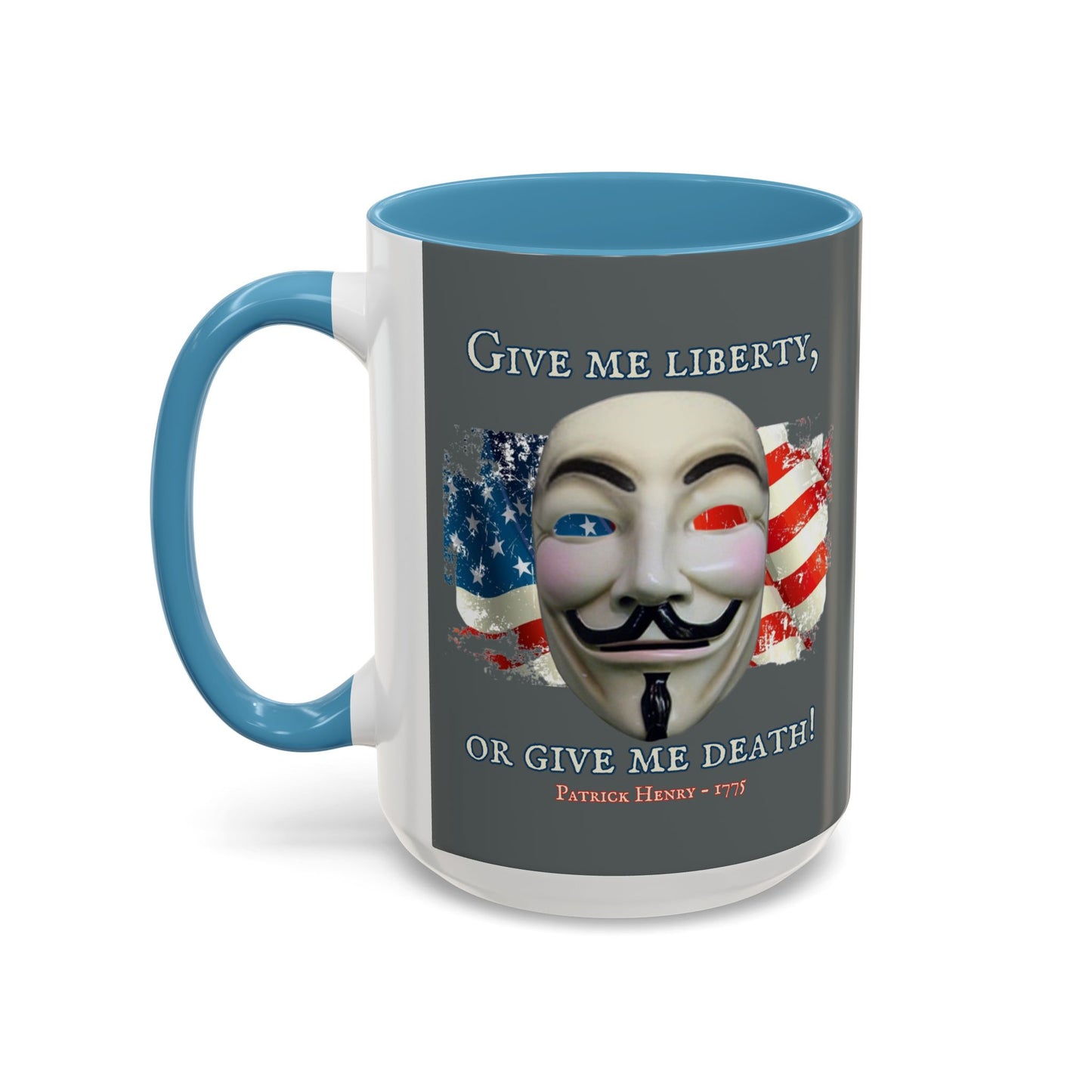 Vendetta, "Give me liberty, or give me death!" Grey Accent Mug by theGreenDragonTavern.shop