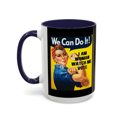 I Am Woman Watch Me Vote Rosie Black Accent Mug by theGreenDragonTavern.shop
