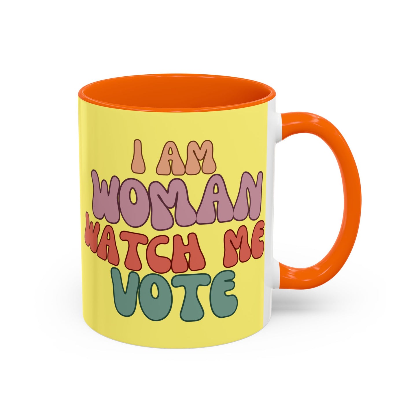 I Am Woman Watch Me Vote Yellow Accent Mug by theGreenDragonTavern.shop