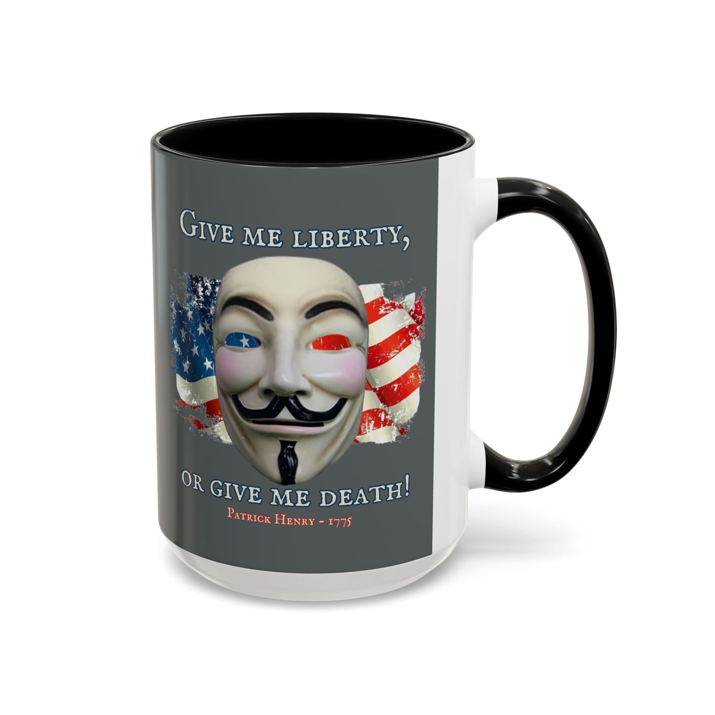 Vendetta, "Give me liberty, or give me death!" Grey Accent Mug by theGreenDragonTavern.shop