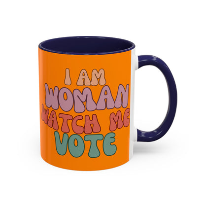 I Am Woman Watch Me Vote Orange Accent Mug by theGreenDragonTavern.shop