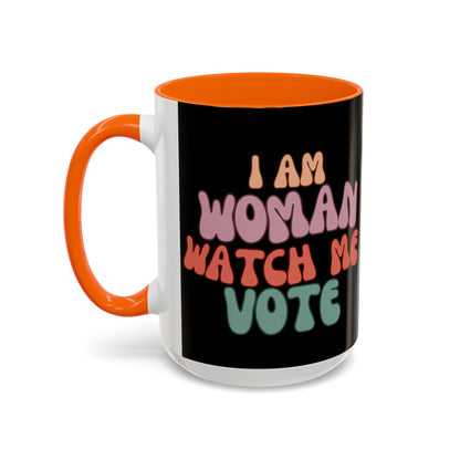 I Am Woman Watch Me Vote Black Accent Mug by theGreenDragonTavern.shop