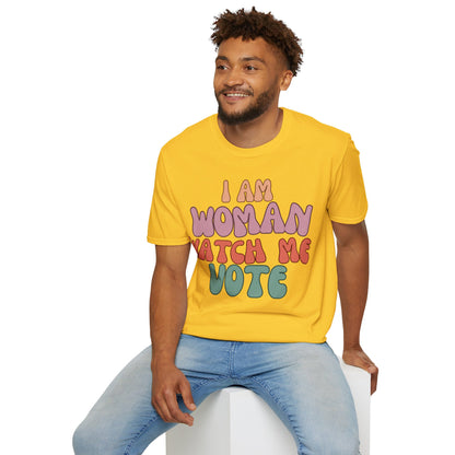 2-sided, I Am Woman Watch Me Vote Light colors Unisex T-Shirt by theGreenDragonTavern.shop