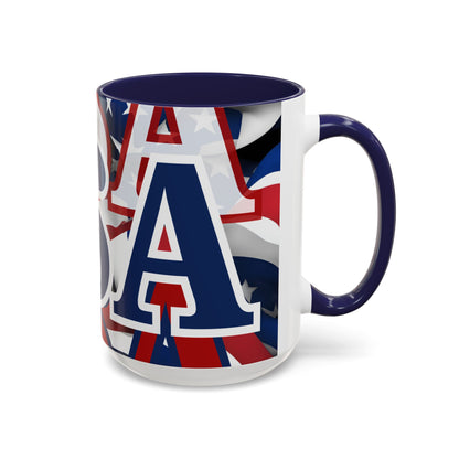 USA! USA! USA Blue font Patriot Black Accent Mug by theGreenDragonTavern.shop