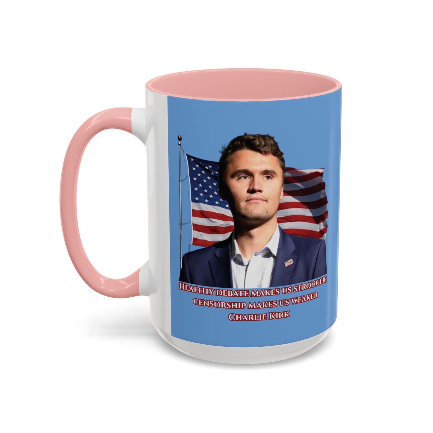 Charlie Kirk, Healthy Debate Light Blue Accent Mug by theGreenDragonTavern.shop