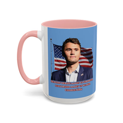 Charlie Kirk, Healthy Debate Light Blue Accent Mug by theGreenDragonTavern.shop