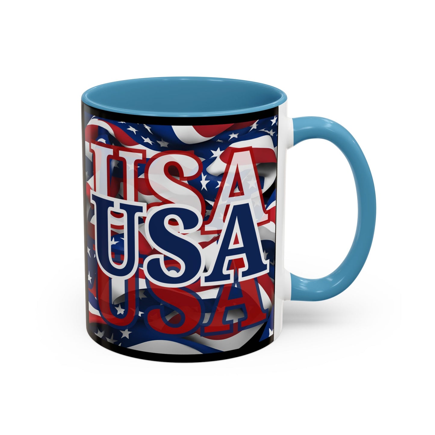 USA Blue font Center Patriot Black Accent Mug by theGreenDragonTavern.shop