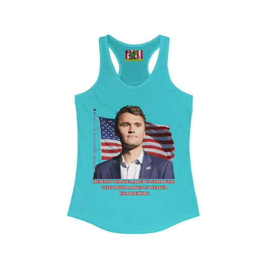 Charlie Kirk, Healthy Debate Women's Racerback Tank Top by theGreenDragonTavern.shop