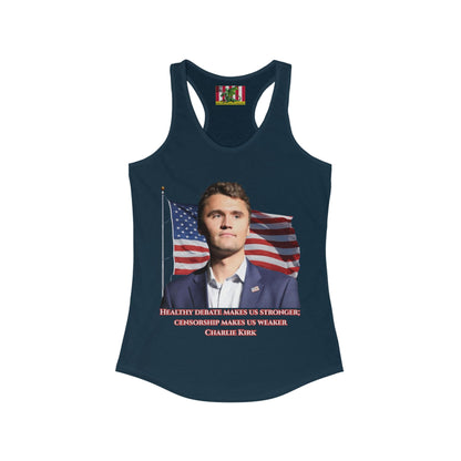 Charlie Kirk, Healthy Debate Women's Racerback Tank Top by theGreenDragonTavern.shop