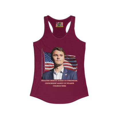 Charlie Kirk, Healthy Debate Women's Racerback Tank Top by theGreenDragonTavern.shop