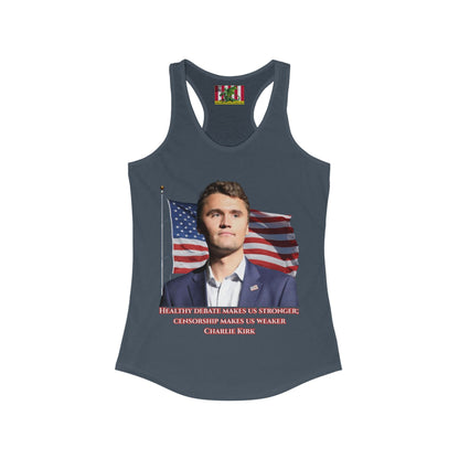 Charlie Kirk, Healthy Debate Women's Racerback Tank Top by theGreenDragonTavern.shop