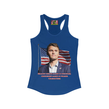 Charlie Kirk, Healthy Debate Women's Racerback Tank Top by theGreenDragonTavern.shop