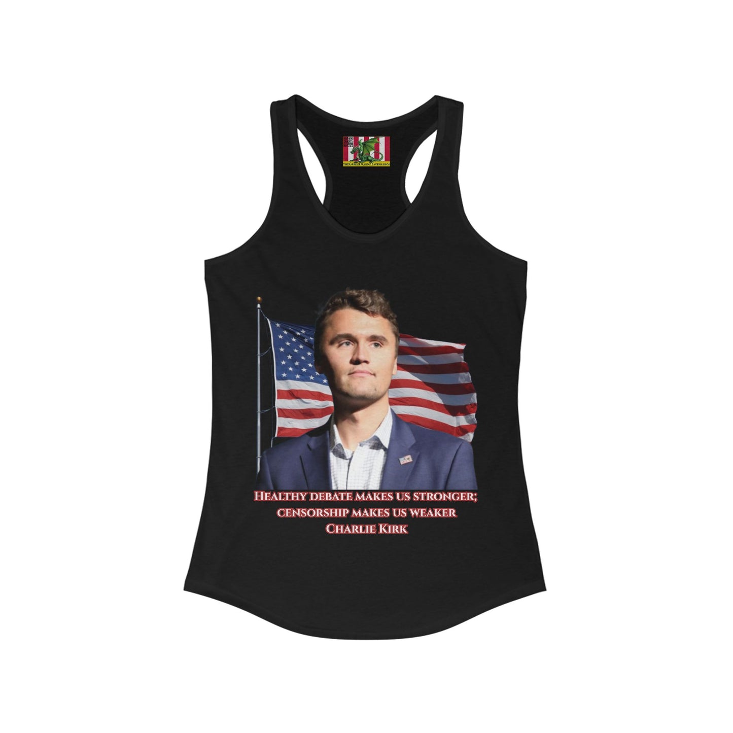 Charlie Kirk, Healthy Debate Women's Racerback Tank Top by theGreenDragonTavern.shop