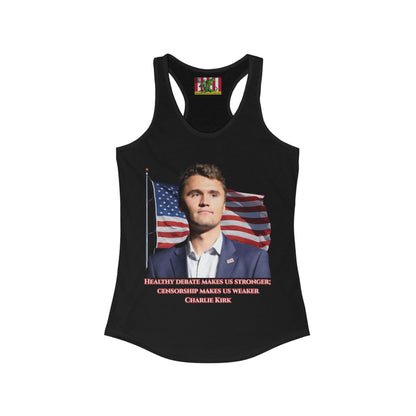 Charlie Kirk, Healthy Debate Women's Racerback Tank Top by theGreenDragonTavern.shop