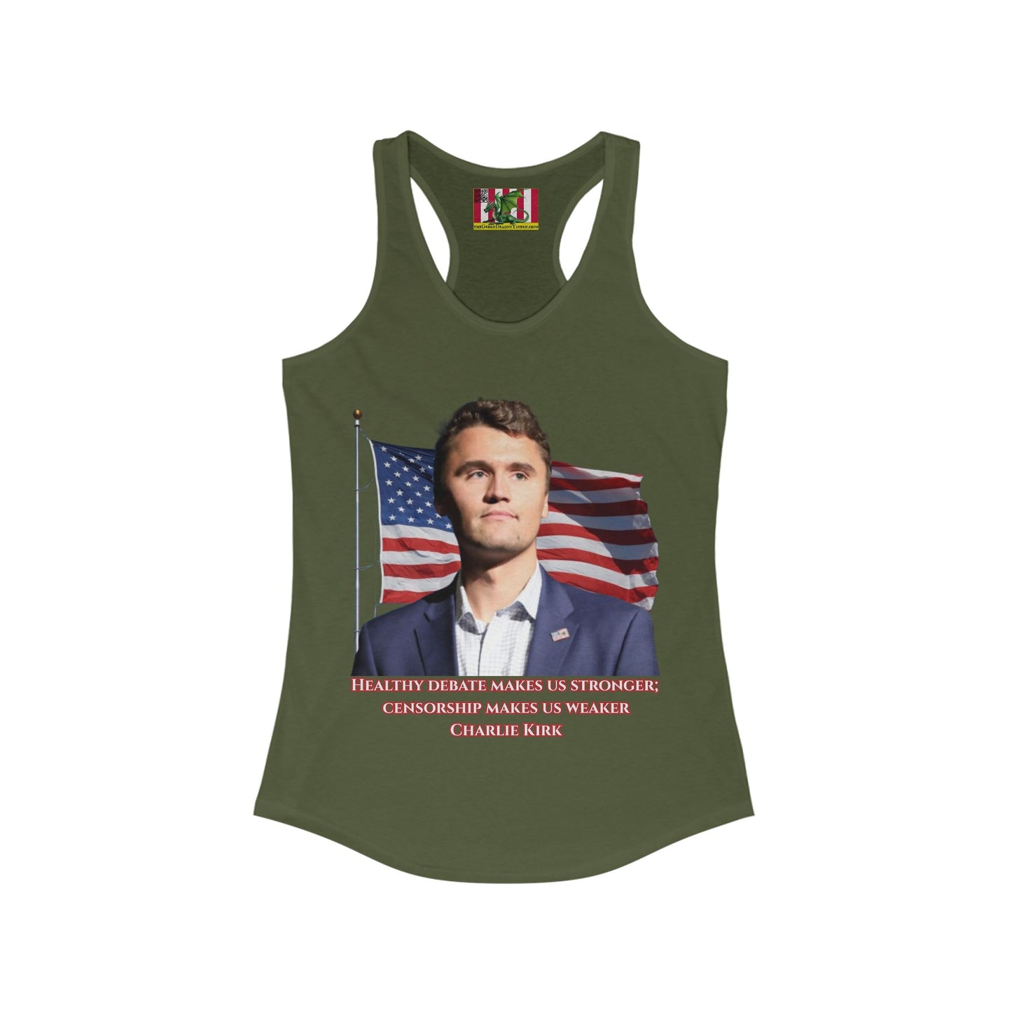 Charlie Kirk, Healthy Debate Women's Racerback Tank Top by theGreenDragonTavern.shop