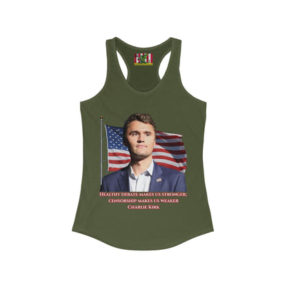 Charlie Kirk, Healthy Debate Women's Racerback Tank Top by theGreenDragonTavern.shop