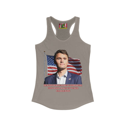 Charlie Kirk, Healthy Debate Women's Racerback Tank Top by theGreenDragonTavern.shop