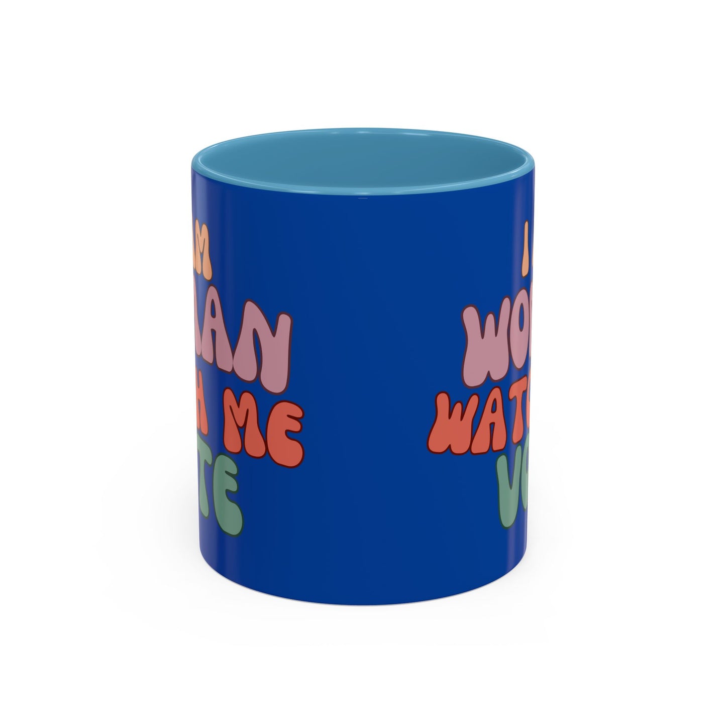 I Am Woman Watch Me Vote Dark Blue Accent Mug by theGreenDragonTavern.shop