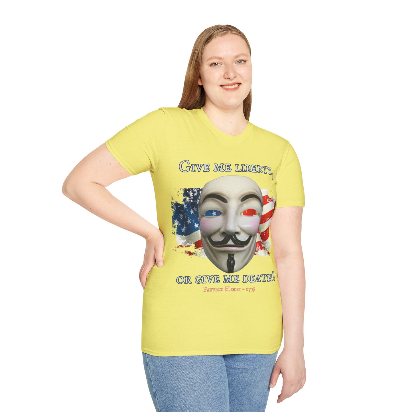 Vendetta, "Give me liberty, or give me death!" Light colors Unisex T-Shirt by theGreenDragonTavern.shop