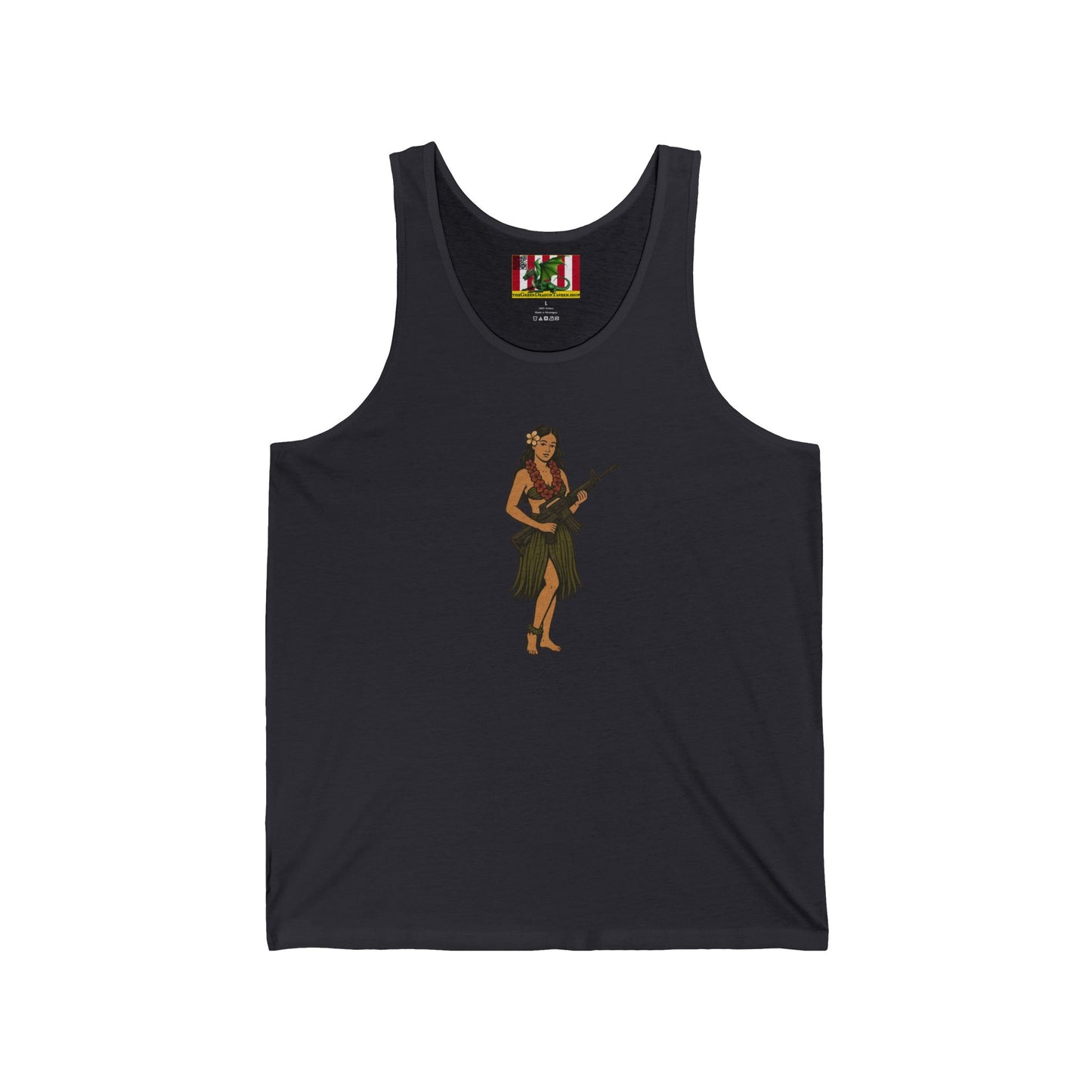 Hula Girl Packin' Heat Unisex Jersey Tank Top by theGreenDragonTavern.shop