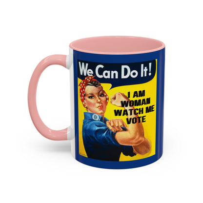 I Am Woman Watch Me Vote Rosie Dark Blue Accent Mug by theGreenDragonTavern.shop