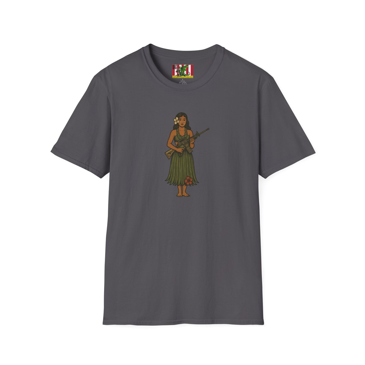 2-sided, Hula Girl Packin' Heat Dark colors Unisex T-Shirt by theGreenDragonTavern.shop