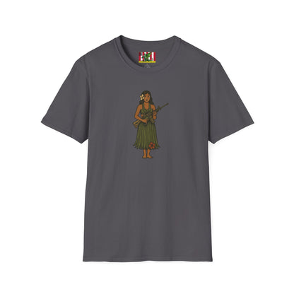 2-sided, Hula Girl Packin' Heat Dark colors Unisex T-Shirt by theGreenDragonTavern.shop