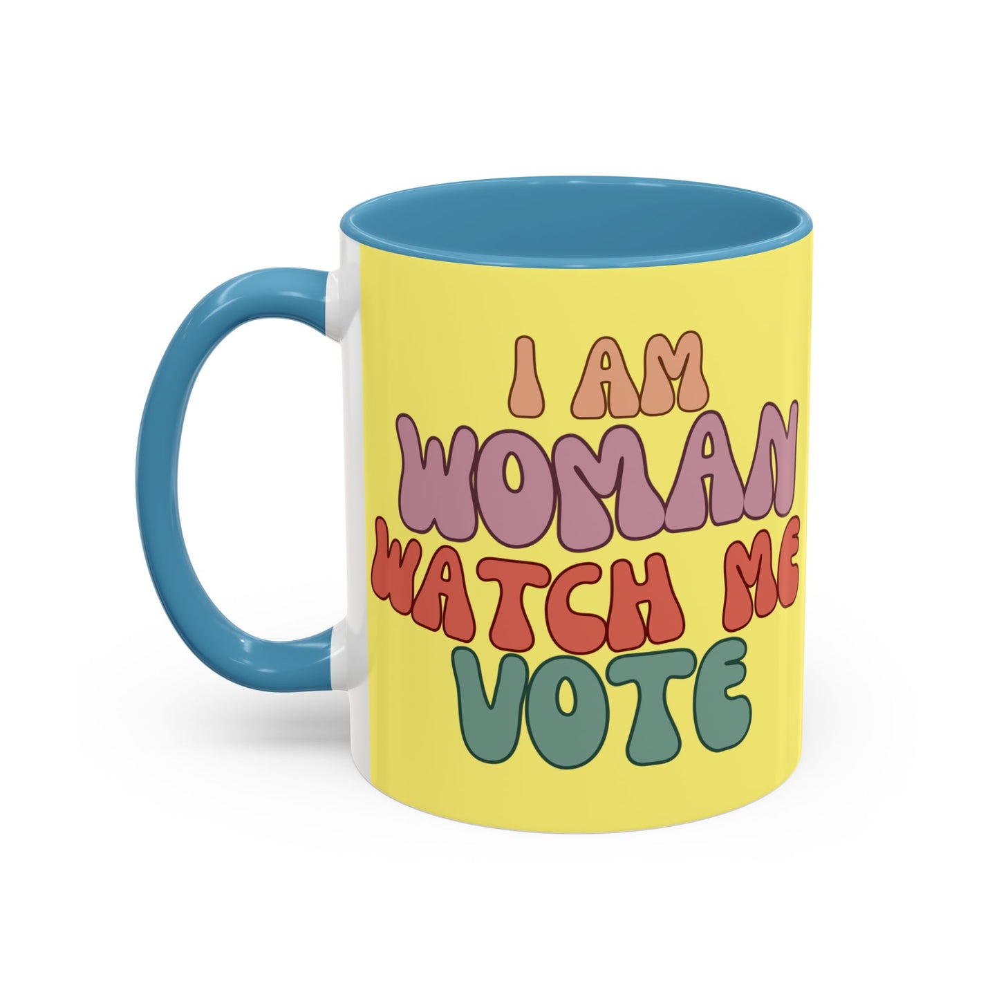 I Am Woman Watch Me Vote Yellow Accent Mug by theGreenDragonTavern.shop