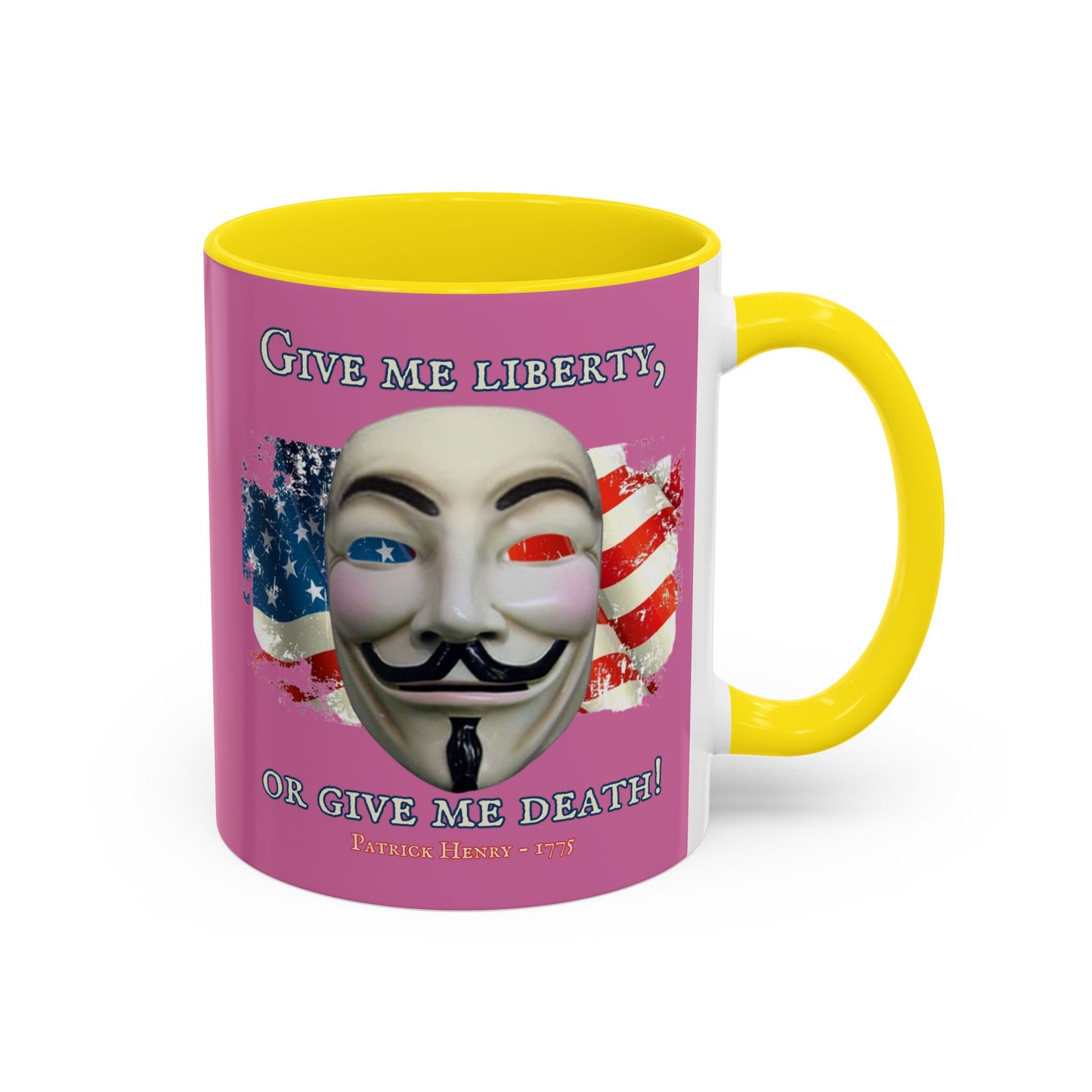 Vendetta, "Give me liberty, or give me death!" Pink Accent Mug by theGreenDragonTavern.shop