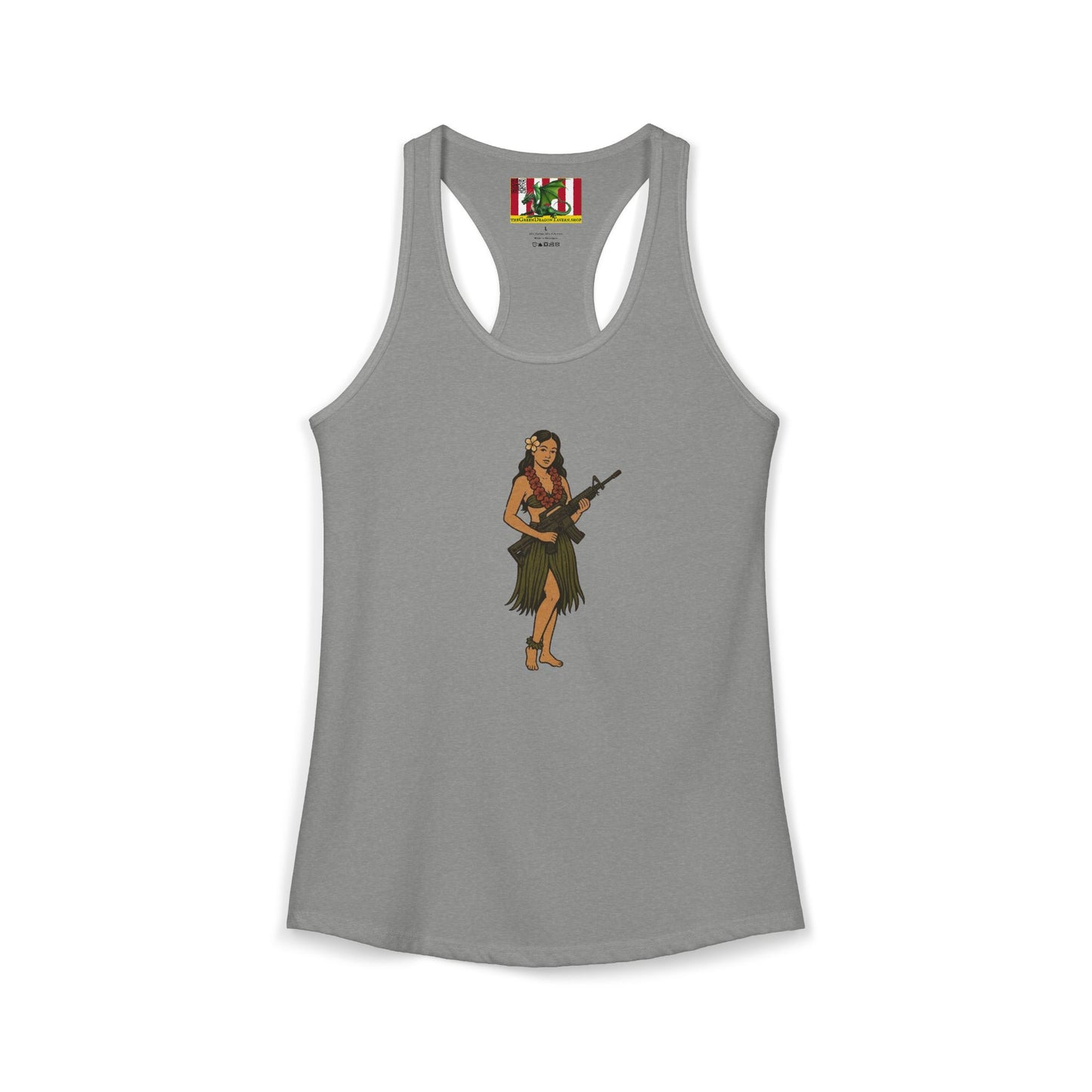 Hula Girl Packin' Heat Women's Racerback Tank Top by theGreenDragonTavern.shop