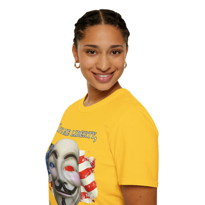 Vendetta, "Give me liberty, or give me death!" Light colors Unisex T-Shirt by theGreenDragonTavern.shop