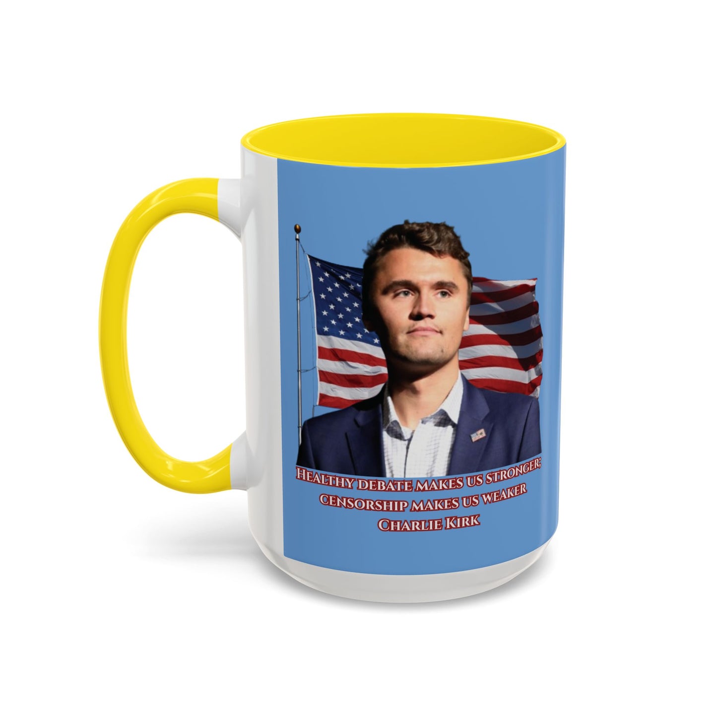 Charlie Kirk, Healthy Debate Light Blue Accent Mug by theGreenDragonTavern.shop