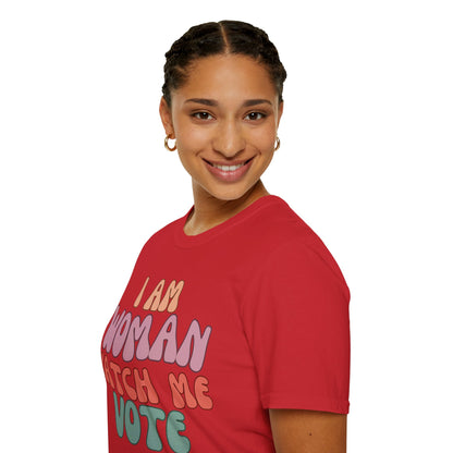2-sided, I Am Woman Watch Me Vote Light colors Unisex T-Shirt by theGreenDragonTavern.shop
