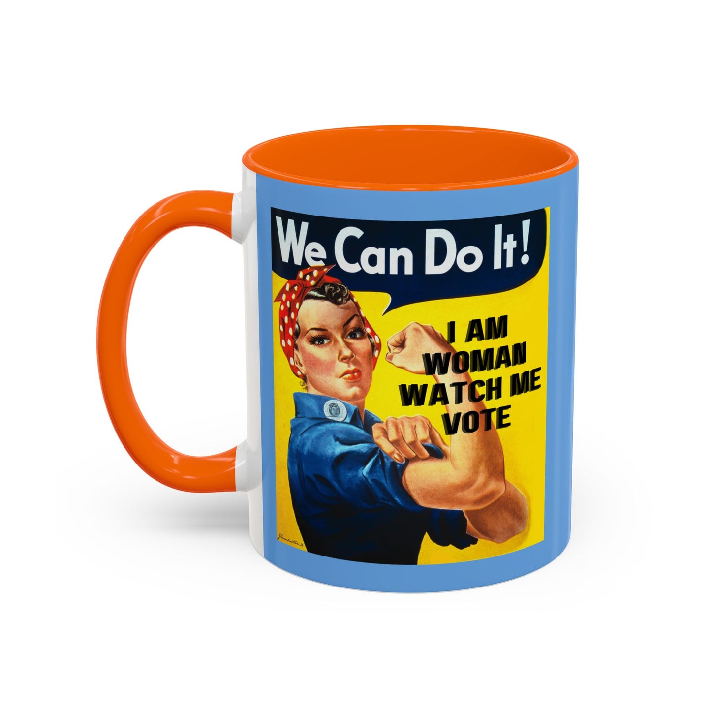 I Am Woman Watch Me Vote Rosie Light Blue Accent Mug by theGreenDragonTavern.shop