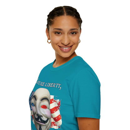 Vendetta, "Give me liberty, or give me death!" Dark colors Unisex T-Shirt by theGreenDragonTavern.shop