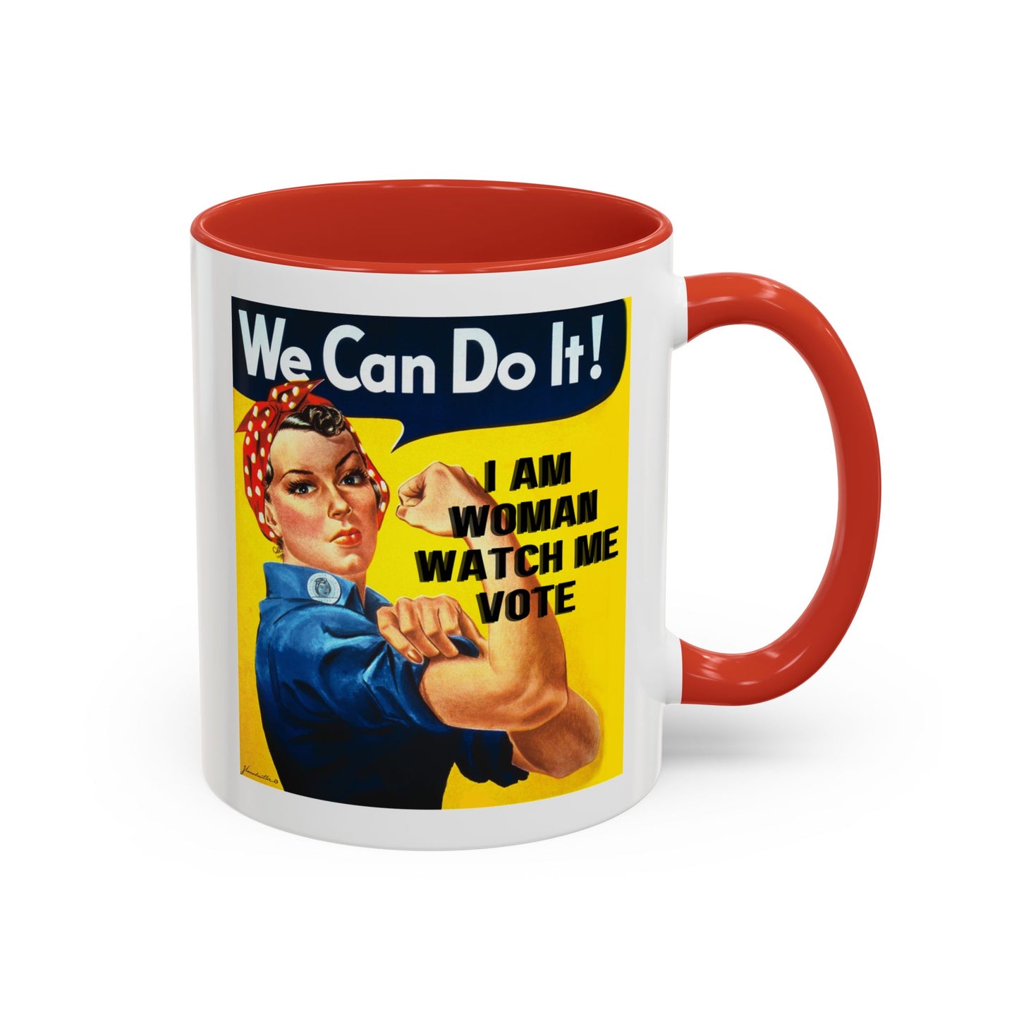 I Am Woman Watch Me Vote Rosie White Accent Mug by theGreenDragonTavern.shop