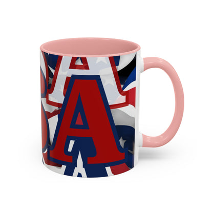 USA! USA! USA Red font Patriot Blue Accent Mug by theGreenDragonTavern.shop