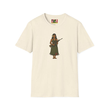 2-sided, Hula Girl Packin' Heat Light colors Unisex T-Shirt by theGreenDragonTavern.shop