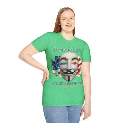 Vendetta, "Give me liberty, or give me death!" Dark colors Unisex T-Shirt by theGreenDragonTavern.shop