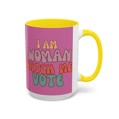 I Am Woman Watch Me Vote Pink Accent Mug by theGreenDragonTavern.shop