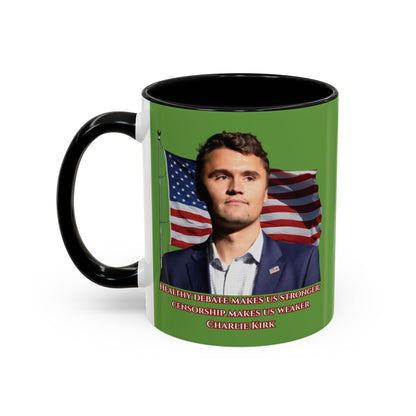 Charlie Kirk, Healthy Debate Green Accent Mug by theGreenDragonTavern.shop