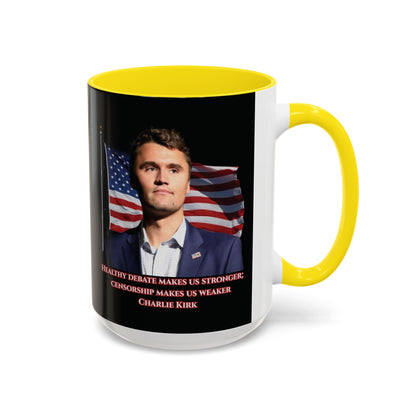 Charlie Kirk, Healthy Debate Black Accent Mug by theGreenDragonTavern.shop